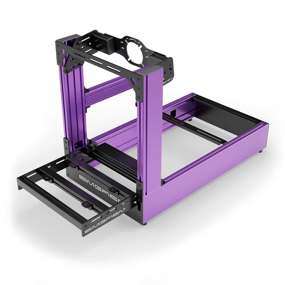 Purple SIMGASM Pro sim racing cockpit with front wheel mount, elevated front three-quarter view