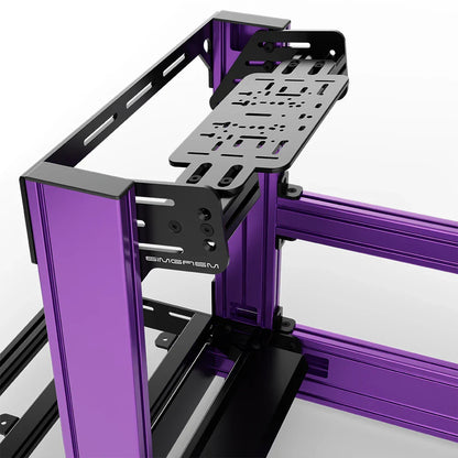 Purple SIMGASM Pro sim racing cockpit with bottom wheel mount, mounting hardware close-up