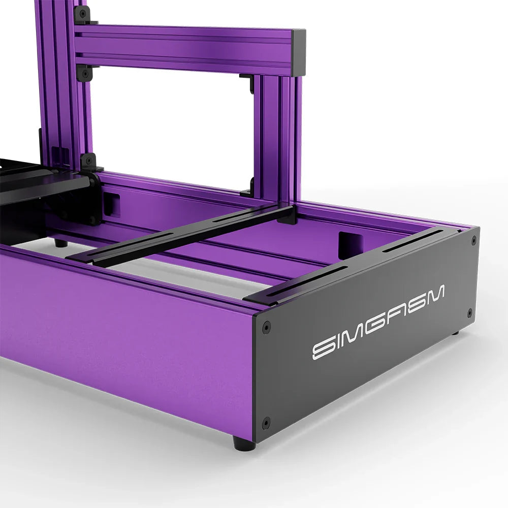 Purple SIMGASM Pro sim racing cockpit, close-up of the seat rails and SIMGASM logo end plate