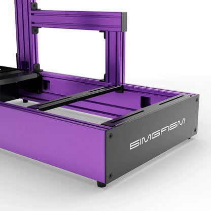 Purple SIMGASM Pro sim racing cockpit, close-up of the seat rails and SIMGASM logo end plate