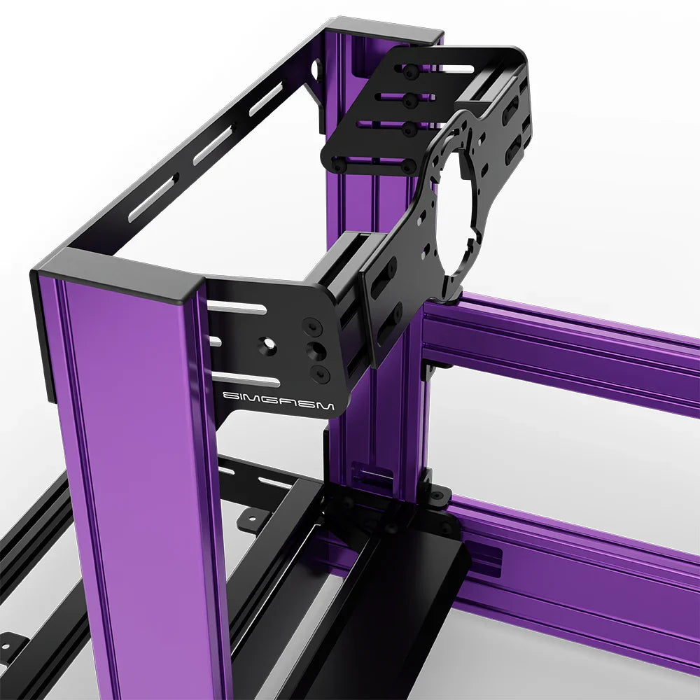 Purple SIMGASM Pro sim racing cockpit with front wheel mount, mounting hardware close-up