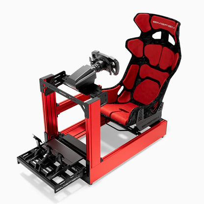 Red SIMGASM Pro sim racing cockpit with MOZA gear and Forged Carbon Look GT seat, front three-quarter with pedals
