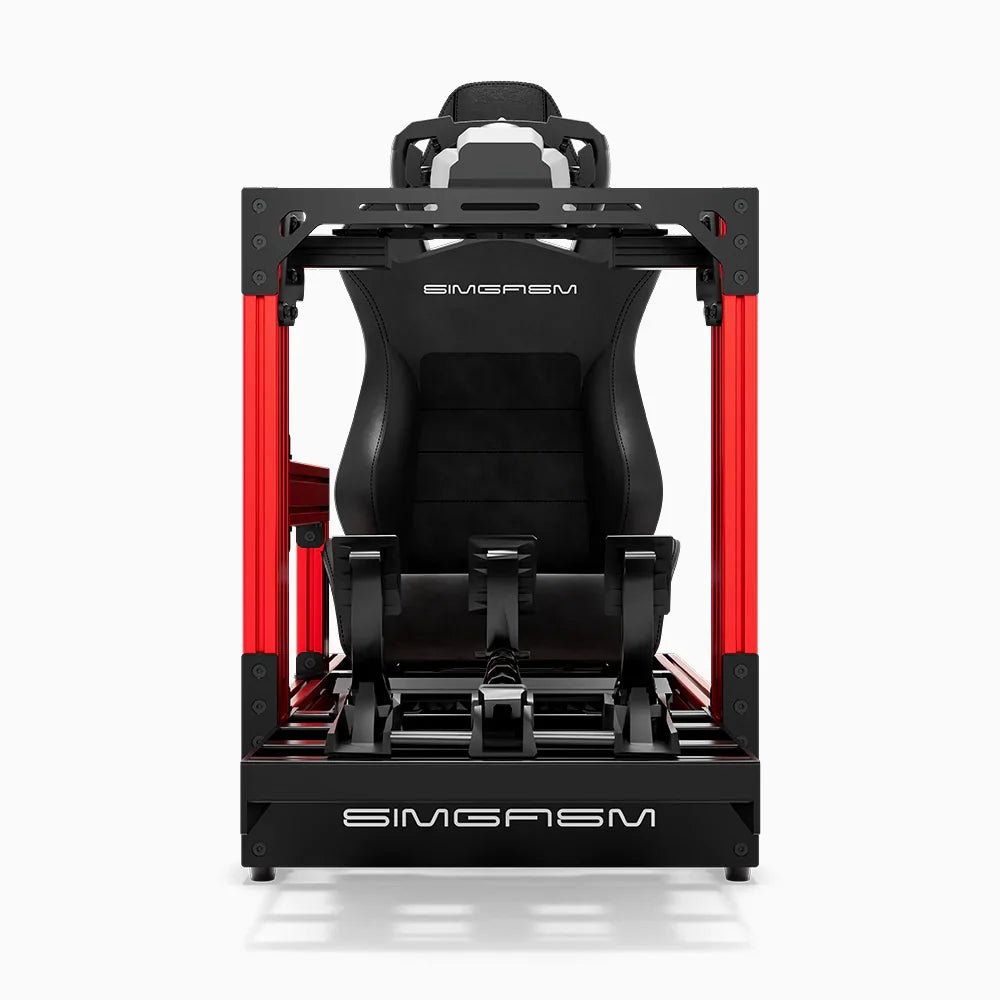 Red SIMGASM Pro sim racing cockpit with MOZA gear and black reclining seat, direct front view