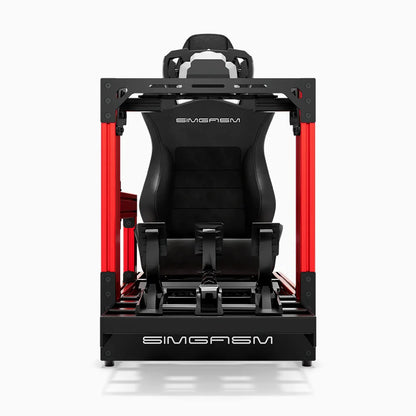 Red SIMGASM Pro sim racing cockpit with MOZA gear and black reclining seat, direct front view