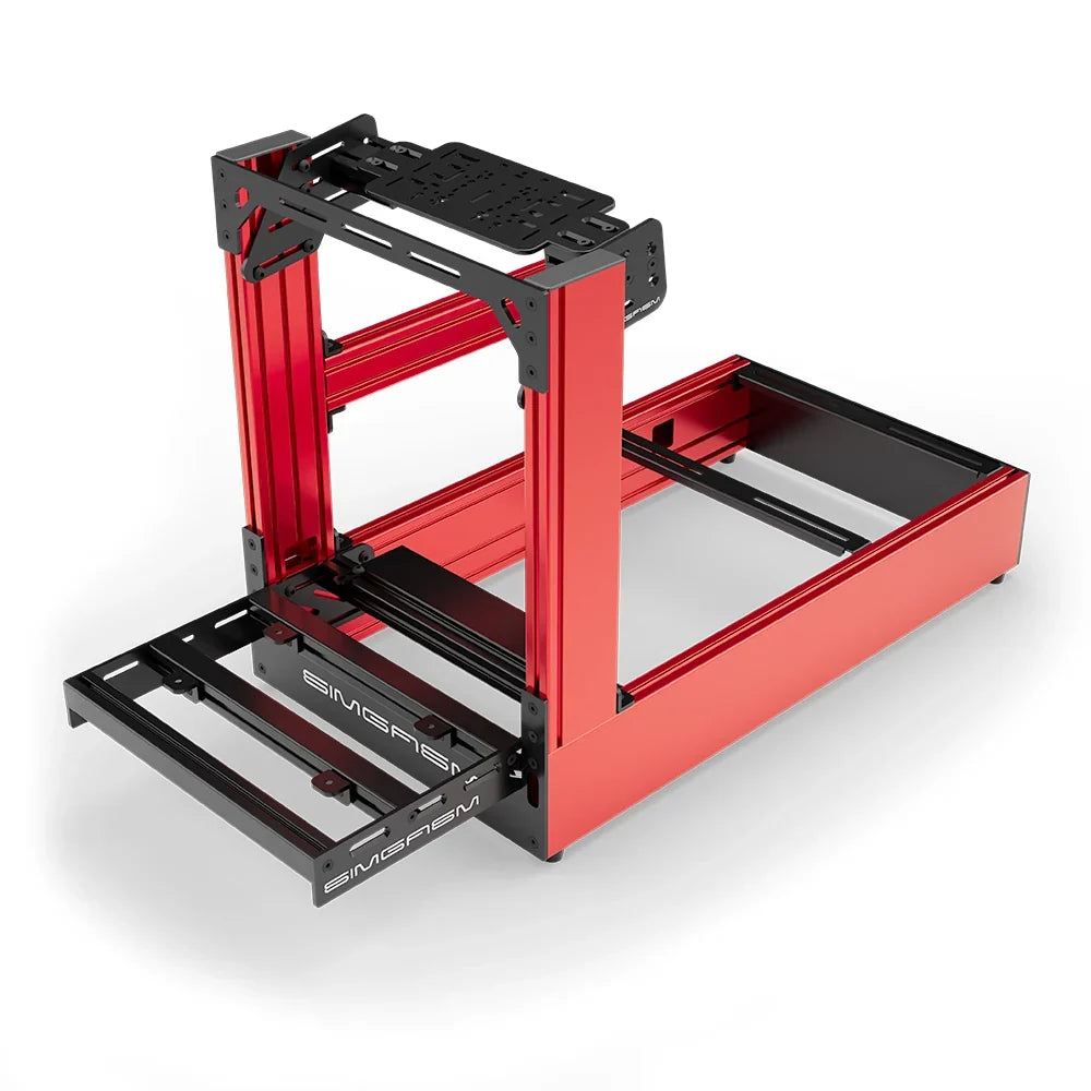 Red SIMGASM Pro sim racing cockpit with bottom wheel mount, elevated front three-quarter view