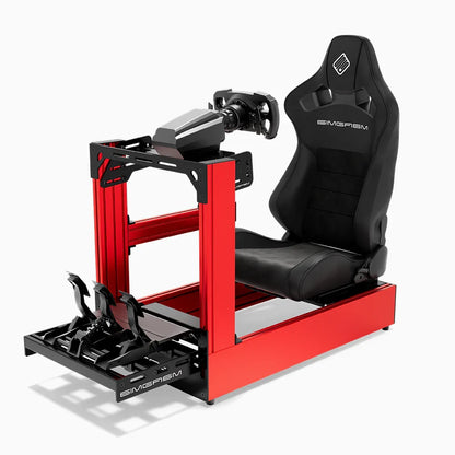 Red SIMGASM Pro sim racing cockpit with MOZA gear and black reclining seat, opposite side with cushions