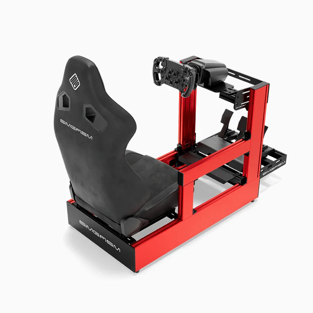 Red SIMGASM Pro sim racing cockpit with MOZA gear and black reclining seat, rear three-quarter view