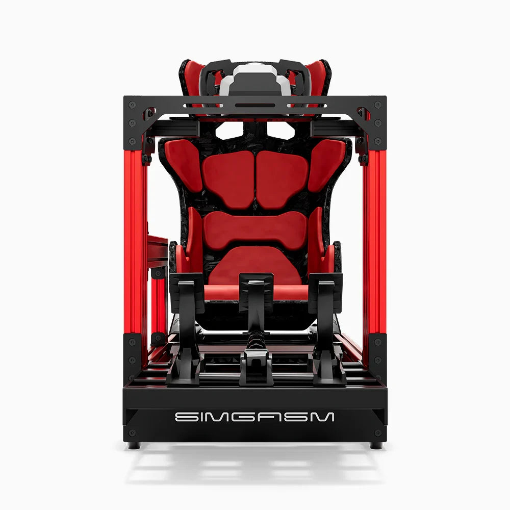 Red SIMGASM Pro sim racing cockpit with MOZA gear and Forged Carbon Look GT seat, direct front view