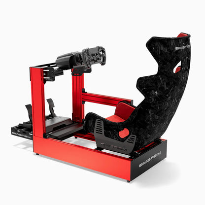 Red SIMGASM Pro sim racing cockpit with MOZA gear and Forged Carbon Look GT seat, side view showing seat back