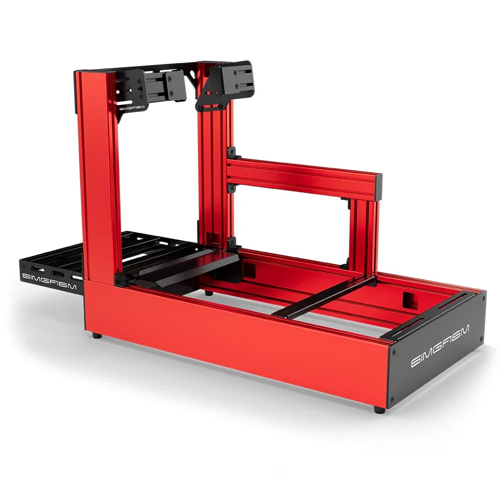 Red SIMGASM Pro sim racing cockpit with side wheel mount, rear three-quarter view