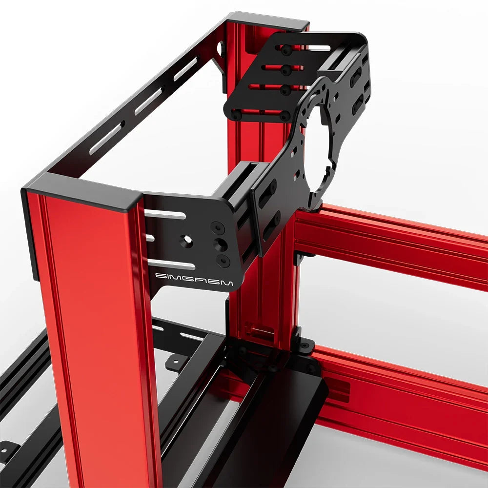 Red SIMGASM Pro sim racing cockpit with front wheel mount, mounting hardware close-up
