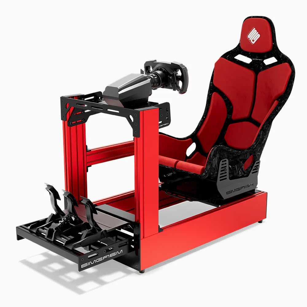 Red SIMGASM Pro sim racing cockpit with MOZA gear and Forged Carbon Look Formula seat, opposite side with cushions