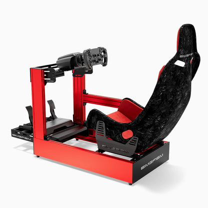Red SIMGASM Pro sim racing cockpit with MOZA gear and Forged Carbon Look Formula seat, side view showing seat back