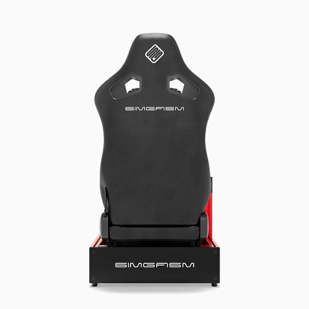 Red SIMGASM Pro sim racing cockpit with MOZA gear and black reclining seat, direct rear view