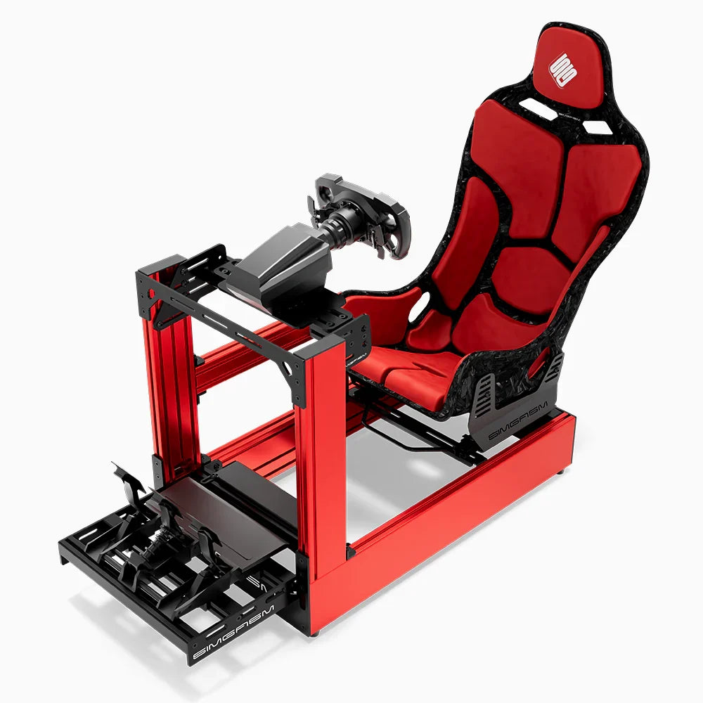 Red SIMGASM Pro sim racing cockpit with MOZA gear and Forged Carbon Look Formula seat, front three-quarter with pedals
