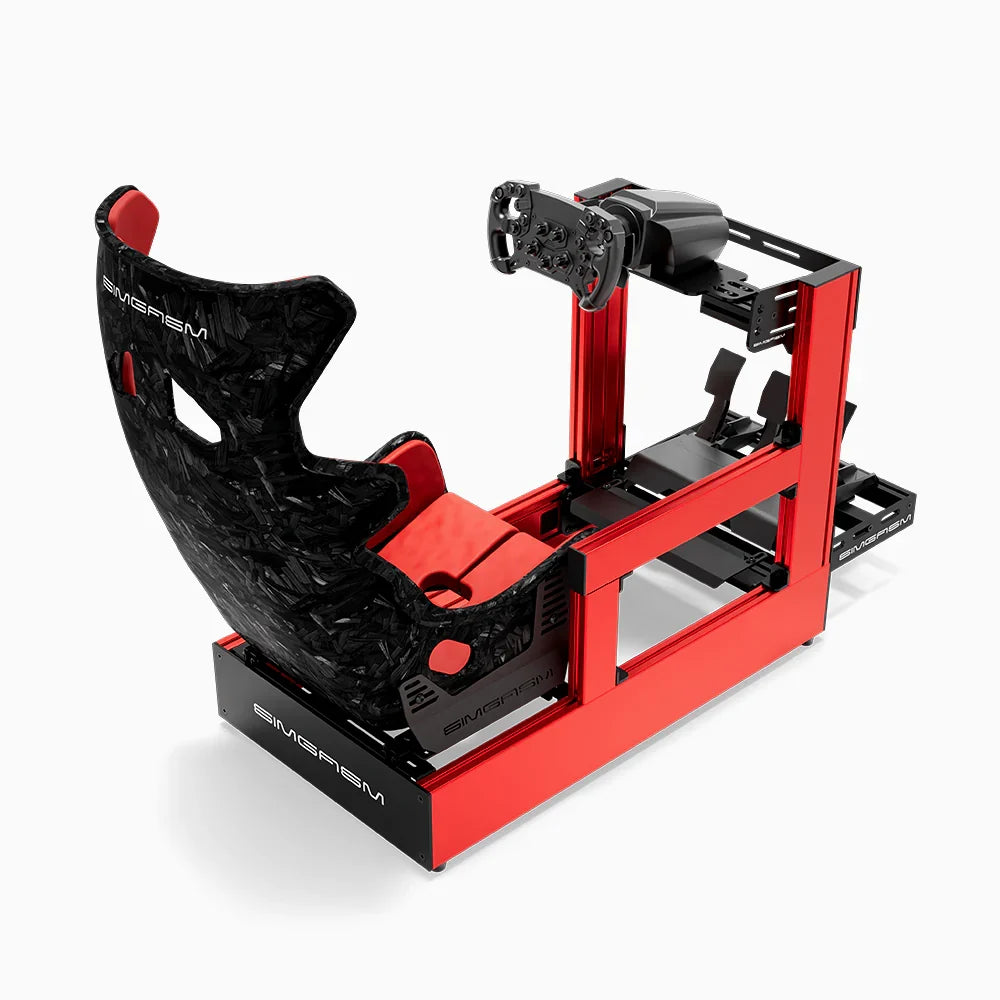 Red SIMGASM Pro sim racing cockpit with MOZA gear and Forged Carbon Look GT seat, rear three-quarter view