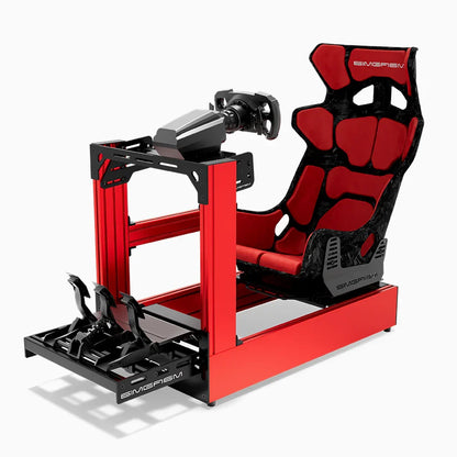 Red SIMGASM Pro sim racing cockpit with MOZA gear and Forged Carbon Look GT seat, opposite side with cushions