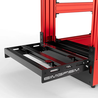 Red SIMGASM Pro sim racing cockpit, close-up of the pedal tray and SIMGASM logo plate