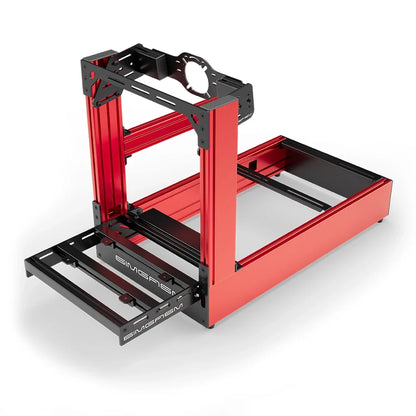 Red SIMGASM Pro sim racing cockpit with front wheel mount, elevated front three-quarter view