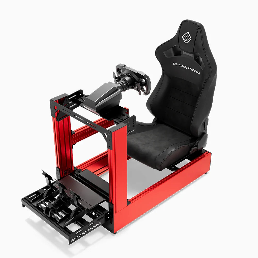 Red SIMGASM Pro sim racing cockpit with MOZA gear and black reclining seat, front three-quarter with pedals