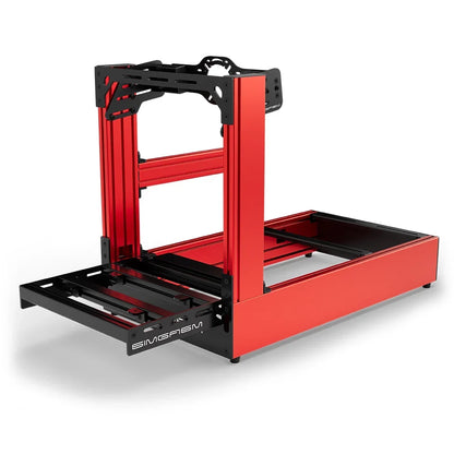 Red SIMGASM Pro sim racing cockpit with front wheel mount, low front three-quarter view