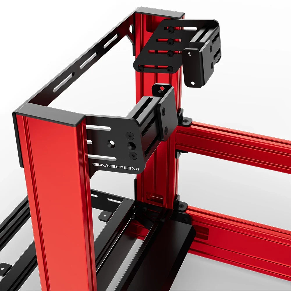 Red SIMGASM Pro sim racing cockpit with side wheel mount, mounting hardware close-up