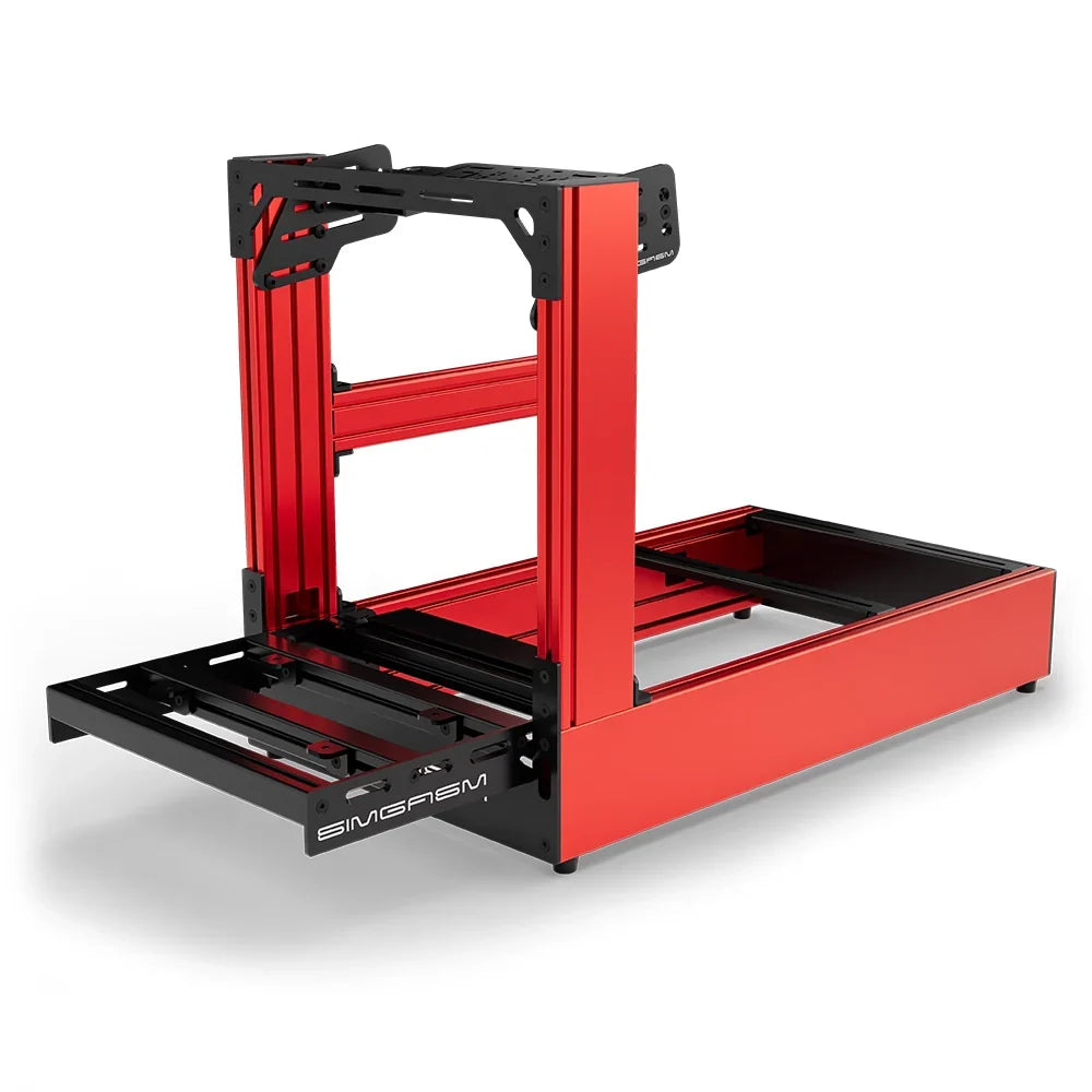 Red SIMGASM Pro sim racing cockpit with bottom wheel mount, low front three-quarter view