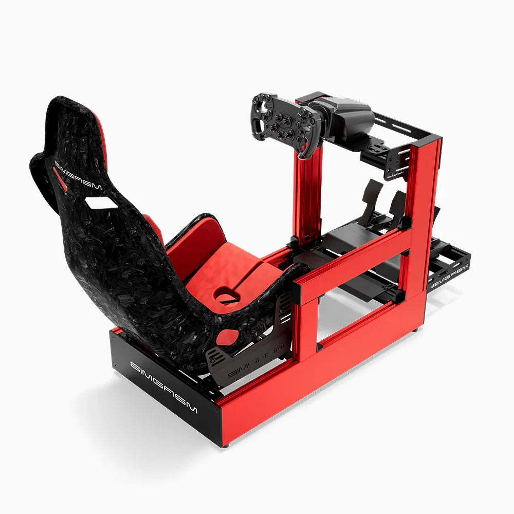 Red SIMGASM Pro sim racing cockpit with MOZA gear and Forged Carbon Look Formula seat, rear three-quarter view