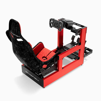 Red SIMGASM Pro sim racing cockpit with MOZA gear and Forged Carbon Look Formula seat, rear three-quarter view
