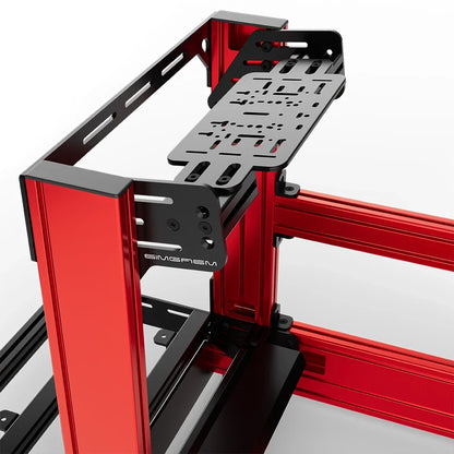 Red SIMGASM Pro sim racing cockpit with bottom wheel mount, mounting hardware close-up