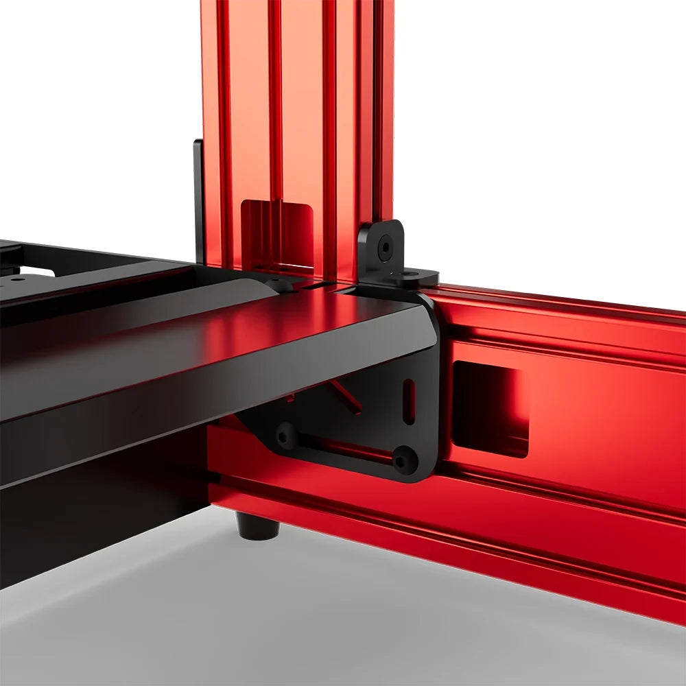 Red SIMGASM Pro sim racing cockpit, close-up of a frame joint and triangular bracket