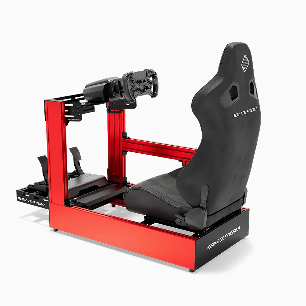 Red SIMGASM Pro sim racing cockpit with MOZA gear and black reclining seat, side view showing seat back