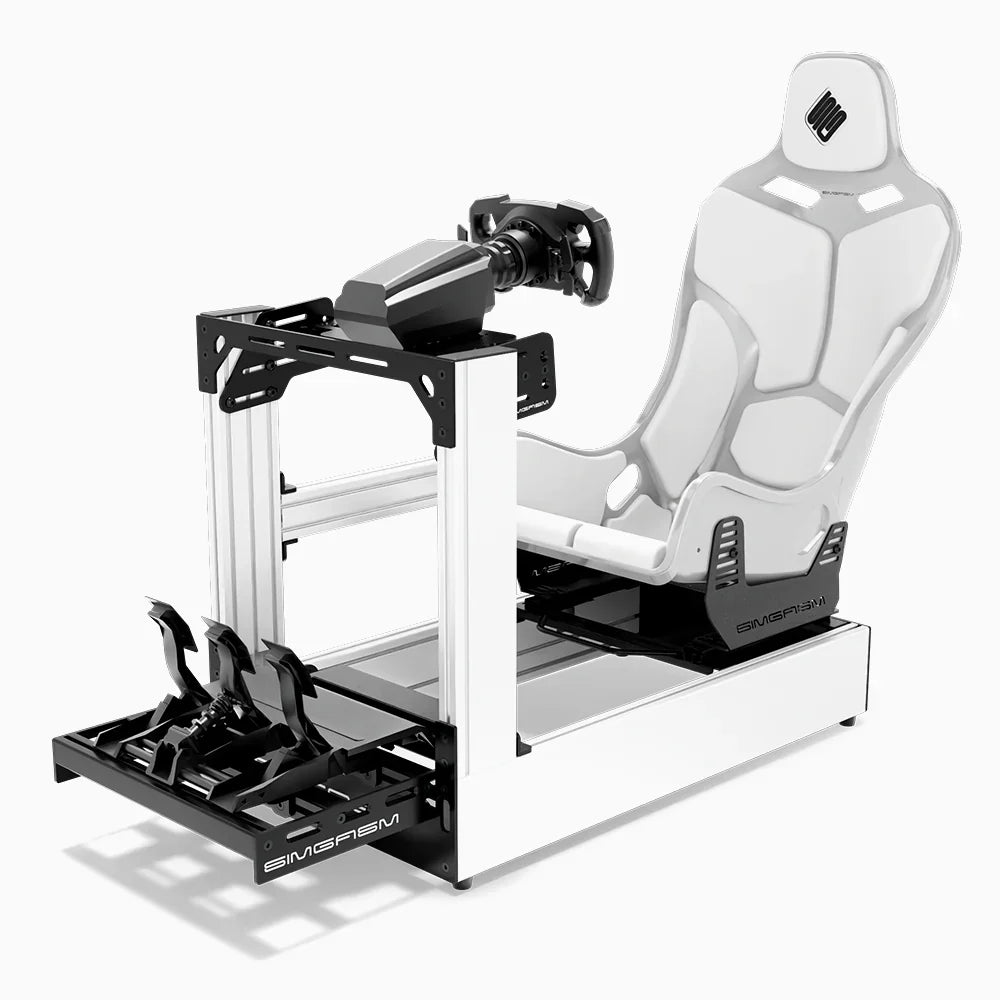 White SIMGASM Pro sim racing cockpit with MOZA gear and white Formula seat, opposite side with cushions