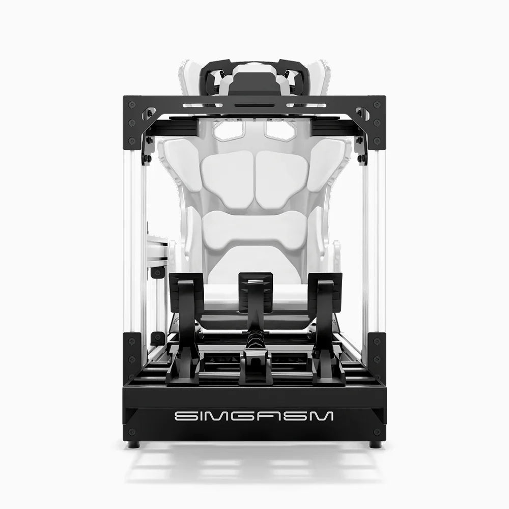 White SIMGASM Pro sim racing cockpit with MOZA gear and white GT seat, direct front view
