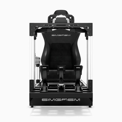 White SIMGASM Pro sim racing cockpit with MOZA gear and black reclining seat, direct front view