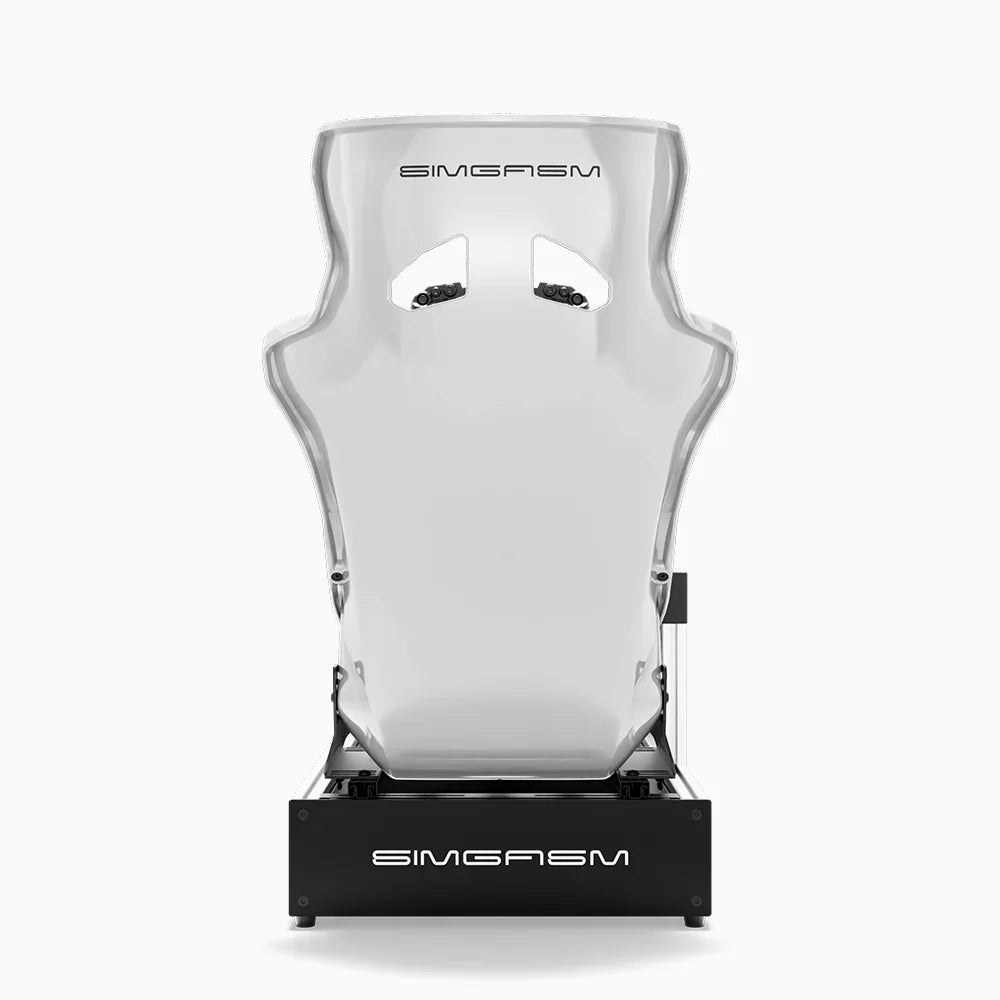 White SIMGASM Pro sim racing cockpit with MOZA gear and white GT seat, direct rear view