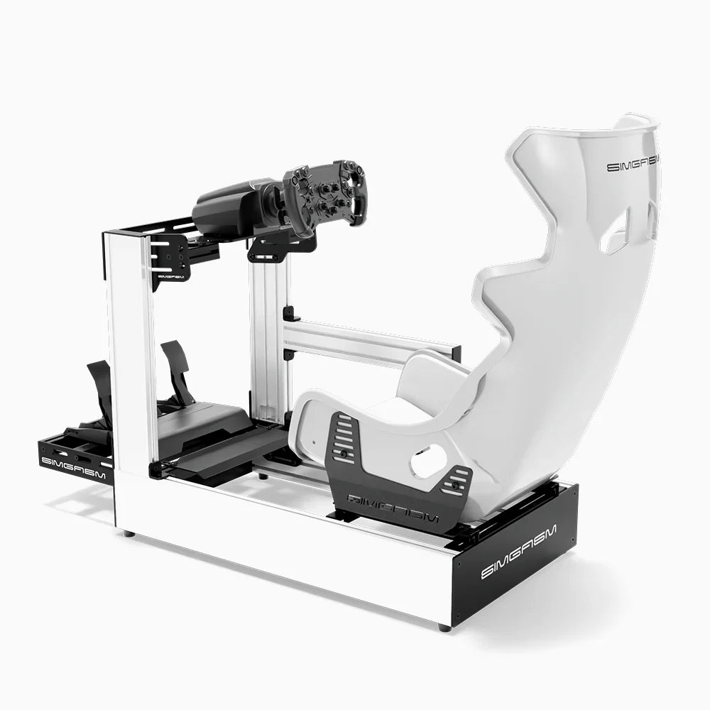 White SIMGASM Pro sim racing cockpit with MOZA gear and white GT seat, side view showing seat back