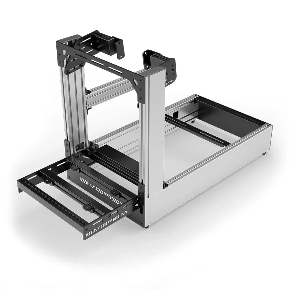 Silver SIMGASM Pro sim racing cockpit with side wheel mount, elevated front three-quarter view