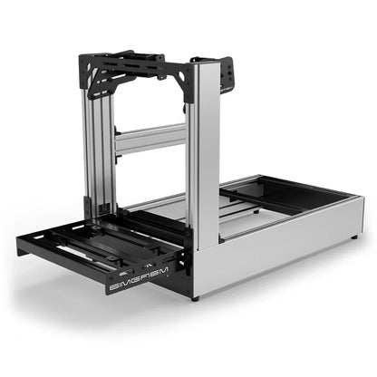 Silver SIMGASM Pro sim racing cockpit with side wheel mount, low front three-quarter view