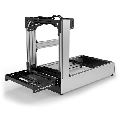 Silver SIMGASM Pro sim racing cockpit with front wheel mount, low front three-quarter view