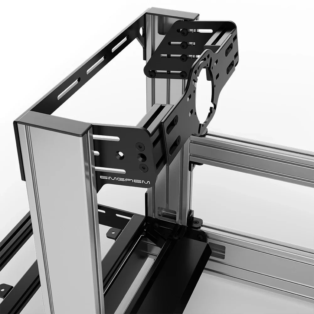 Silver SIMGASM Pro sim racing cockpit with front wheel mount, mounting hardware close-up