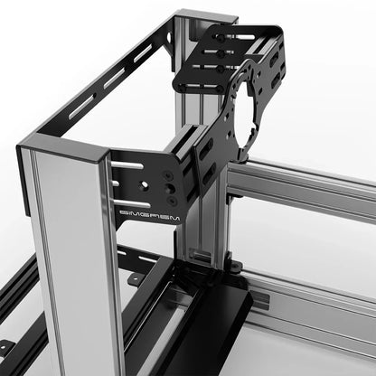 Silver SIMGASM Pro sim racing cockpit with front wheel mount, mounting hardware close-up