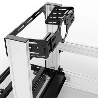 White SIMGASM Pro sim racing cockpit with front wheel mount, mounting hardware close-up