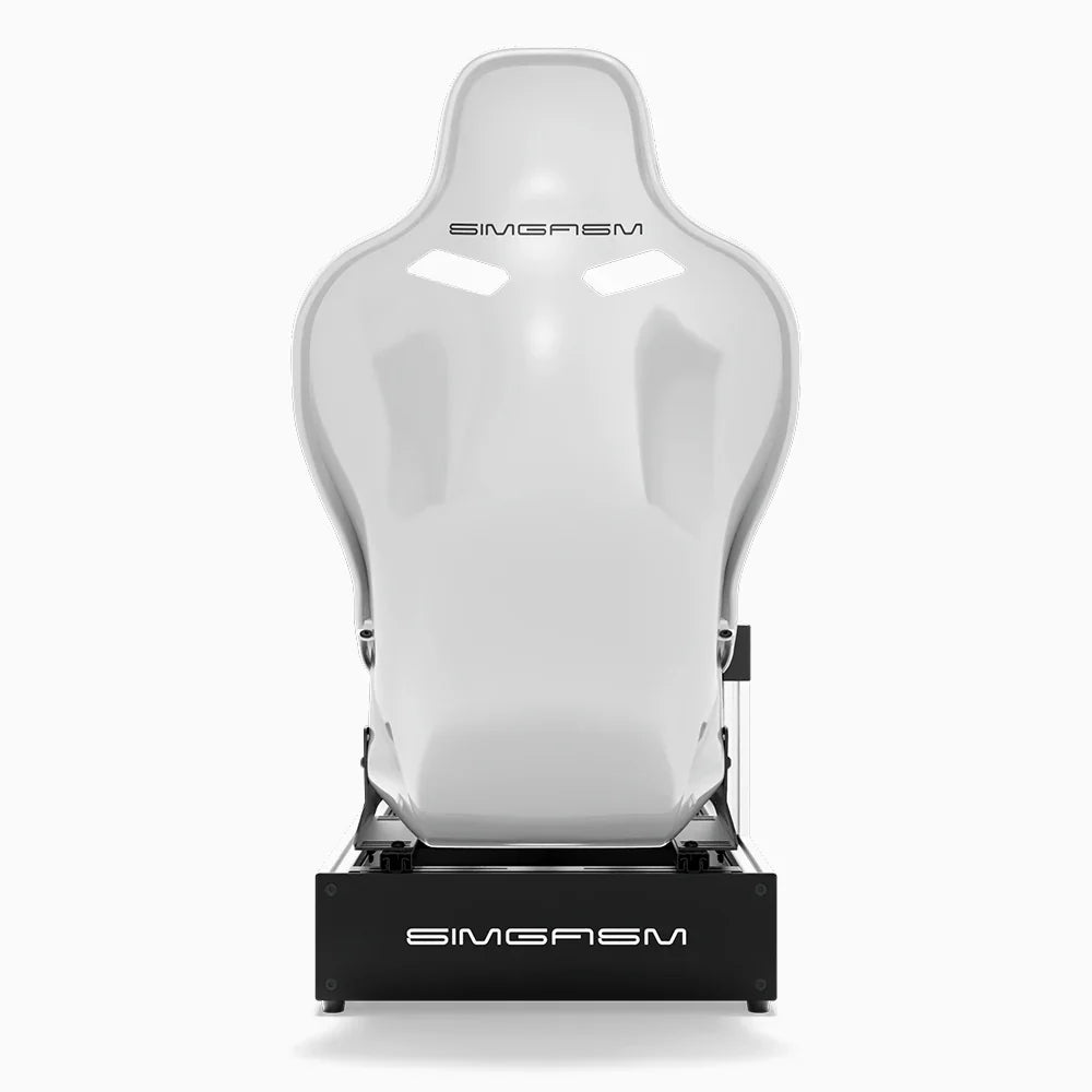 White SIMGASM Pro sim racing cockpit with MOZA gear and white Formula seat, direct rear view