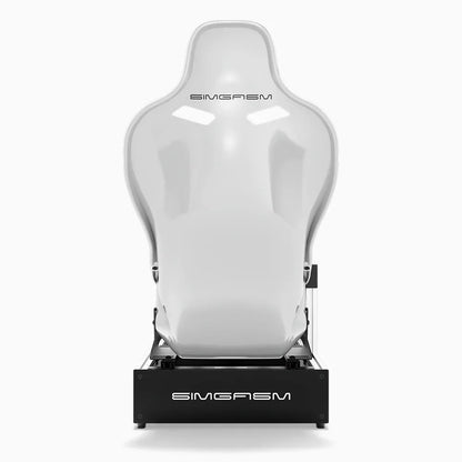 White SIMGASM Pro sim racing cockpit with MOZA gear and white Formula seat, direct rear view