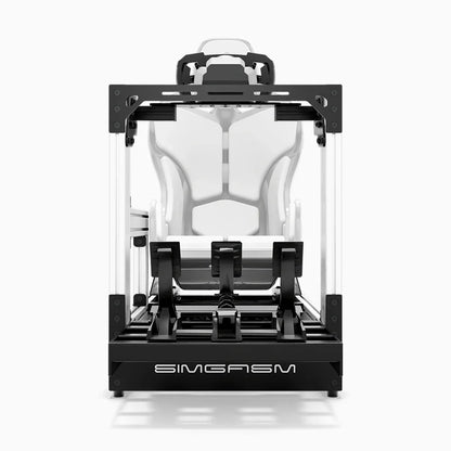 White SIMGASM Pro sim racing cockpit with MOZA gear and white Formula seat, direct front view