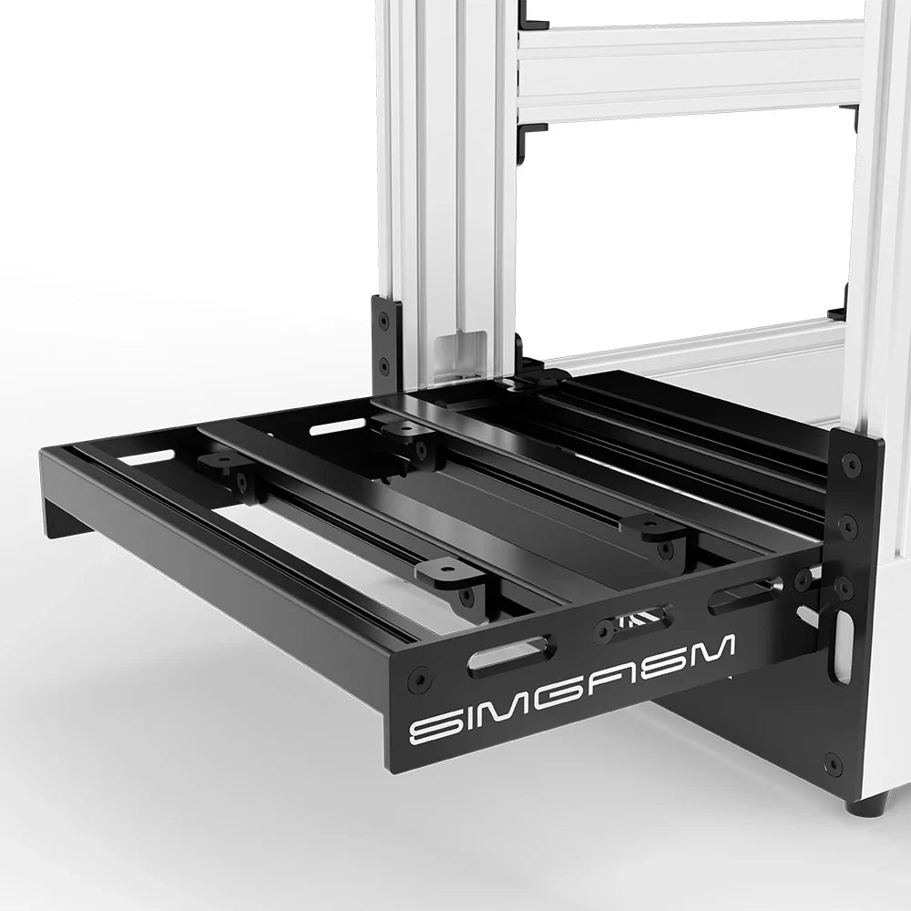 White SIMGASM Pro sim racing cockpit, close-up of the pedal tray and SIMGASM logo plate