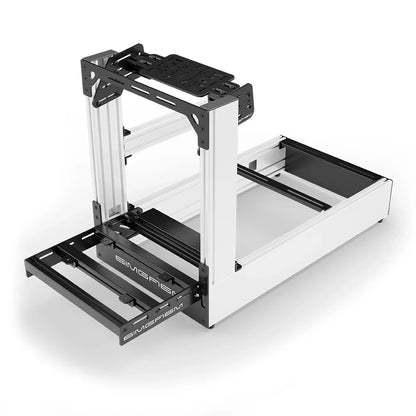 White SIMGASM Pro sim racing cockpit with bottom wheel mount, elevated front three-quarter view