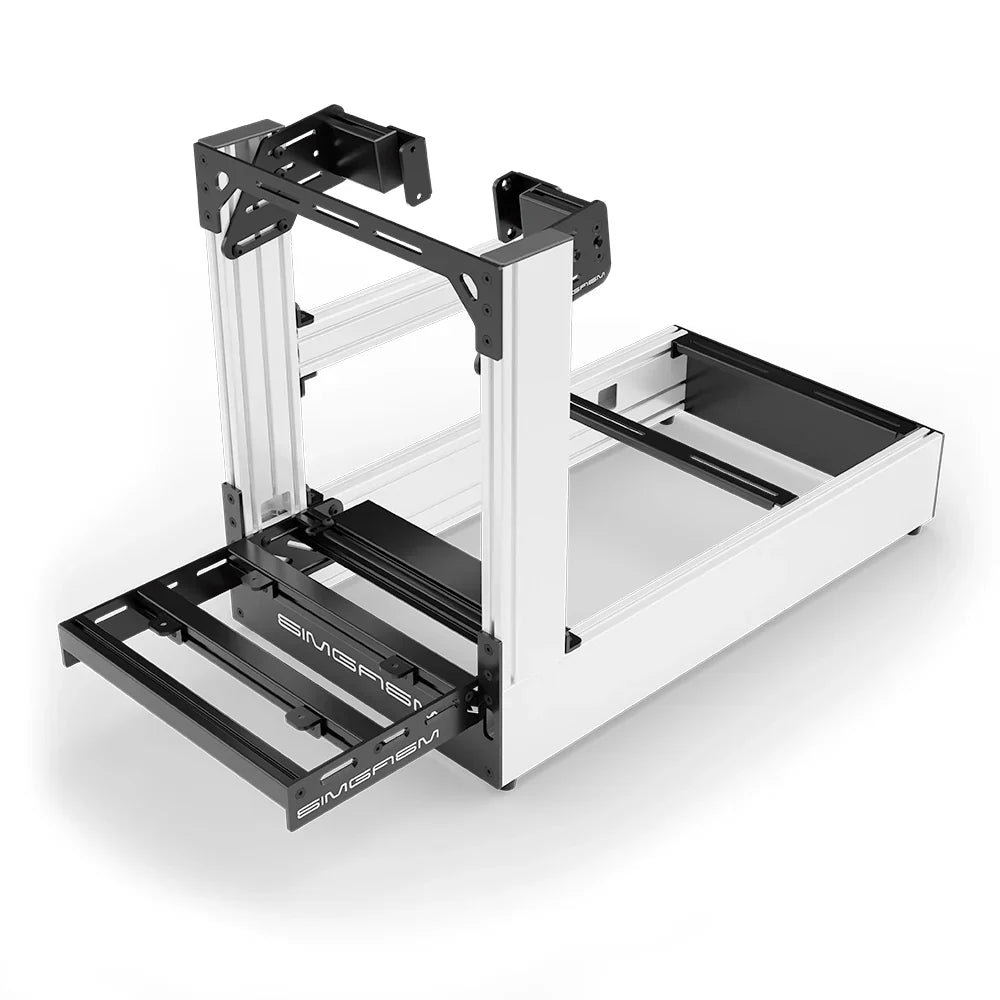 White SIMGASM Pro sim racing cockpit with side wheel mount, elevated front three-quarter view