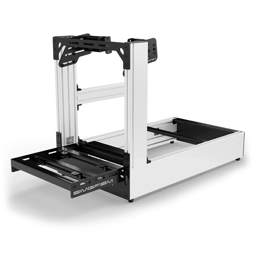 White SIMGASM Pro sim racing cockpit with side wheel mount, low front three-quarter view